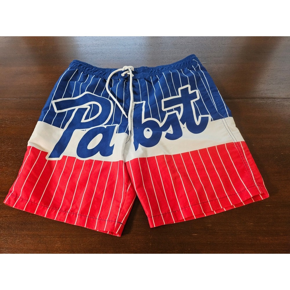 Pabst Blue Ribbon Swim Trunks Mens Medium Blue Red Pinstripe Board Shorts